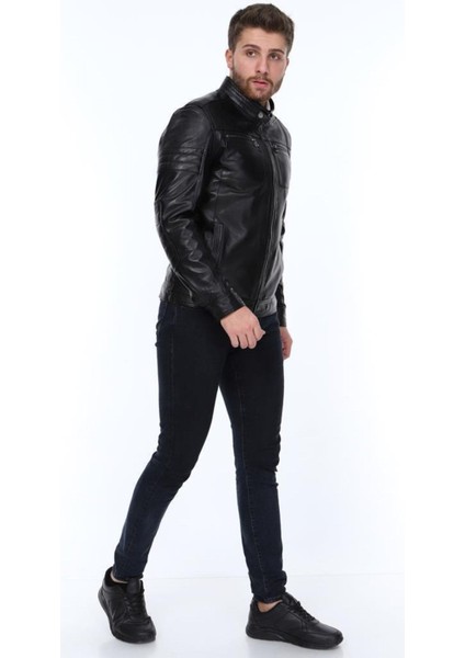 Hakiki Deri Siyah Pique Fermuarlı Erkek Deri Ceket fiyatları