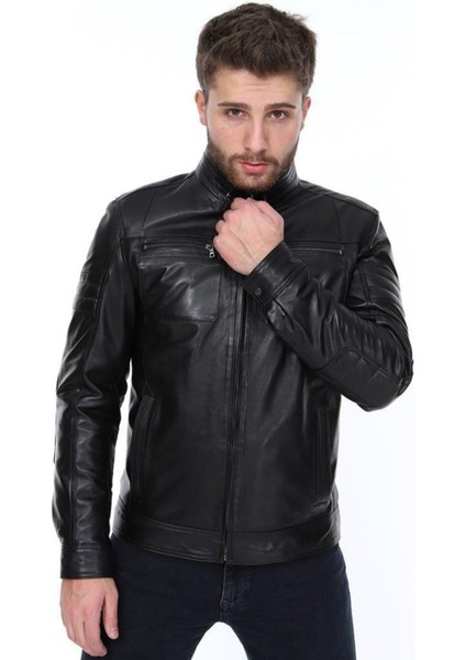 Hakiki Deri Siyah Pique Fermuarlı Erkek Deri Ceket modelleri