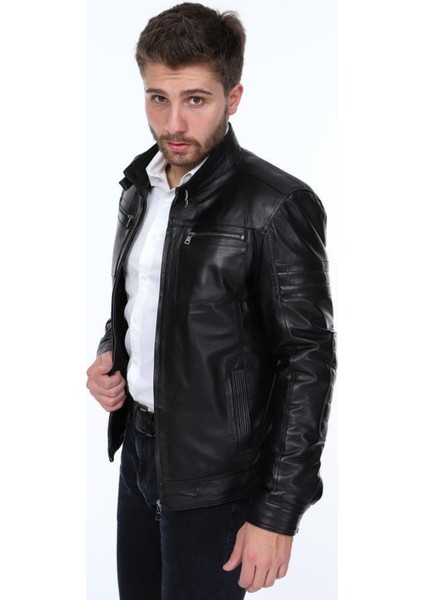 Hakiki Deri Siyah Pique Fermuarlı Erkek Deri Ceket fırsatları