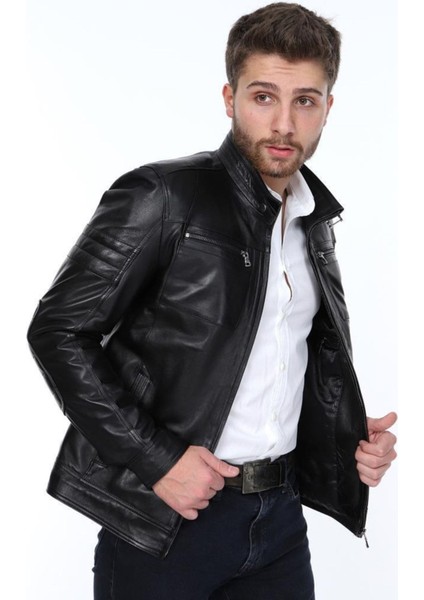 Hakiki Deri Siyah Pique Fermuarlı Erkek Deri Ceket indirimleri