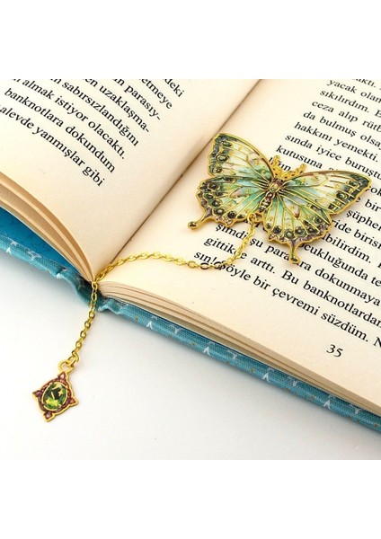 Yeşil Bahar Tonları Kelebek Altın Rengi Metal Kitap Ayracı Zincirli AY002