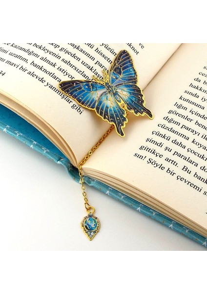 Yıldızlı Gece Tonları Kelebek Altın Rengi Metal Kitap Ayracı Zincirli AY006