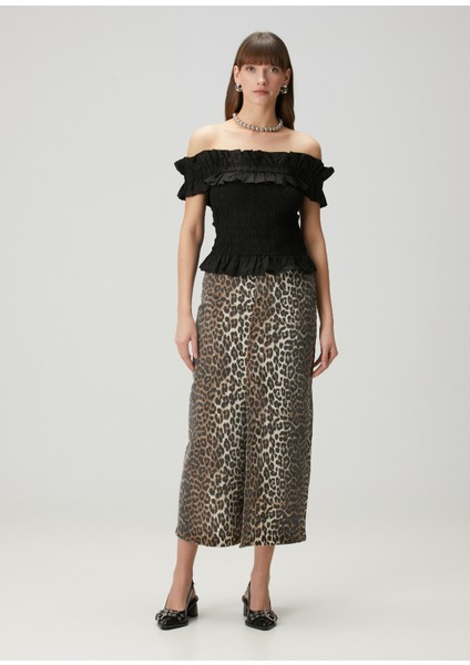 Leopar Desenli Midi Denim Etek