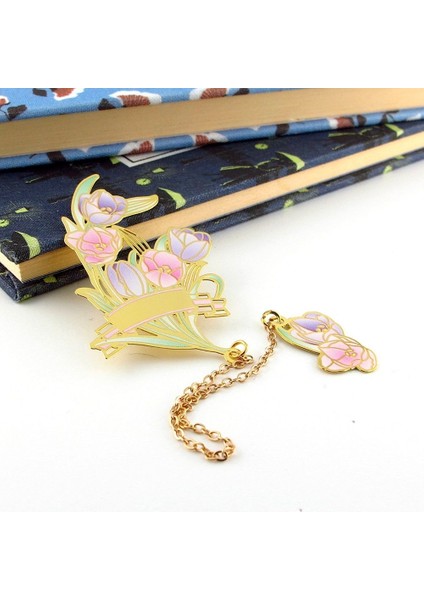 Pembe Mor Laleler Çiçek Bookmark Metal Ayraç Kitap Ayracı Zincirli AY040