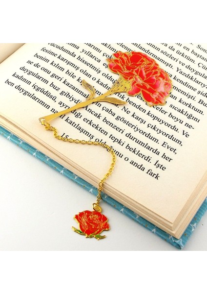 Kırmızı Karanfil Çiçeği Çiçek Altın Rengi Metal Ayraç Kitap Ayracı Zincirli AY024 fiyatları