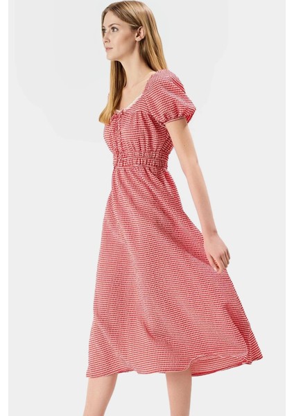 Rahat Ekose A Kesim Elbise Yazlık Dokuma Kumaş Dantel Detay ve Şık Premium Kalite