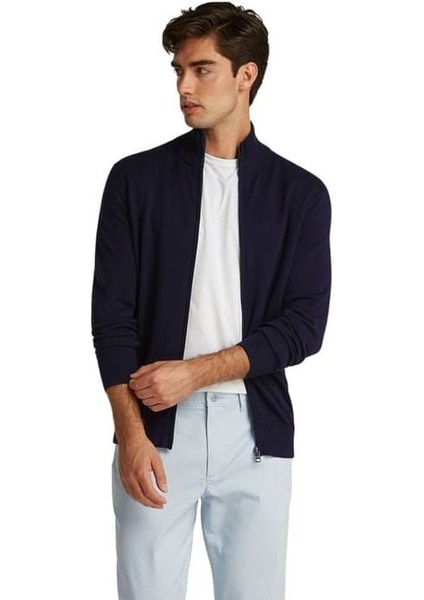 Erkek Fermuarlı Dik Yaka Pamuklu Triko Hırka - Lacivert