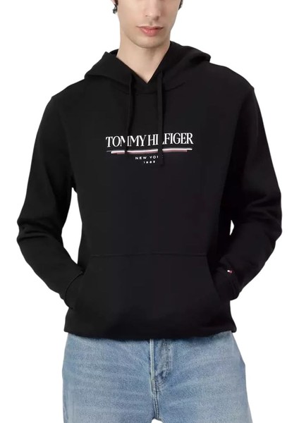 Erkek Kapüşonlu Baskı Logolu Sweatshirt - Siyah