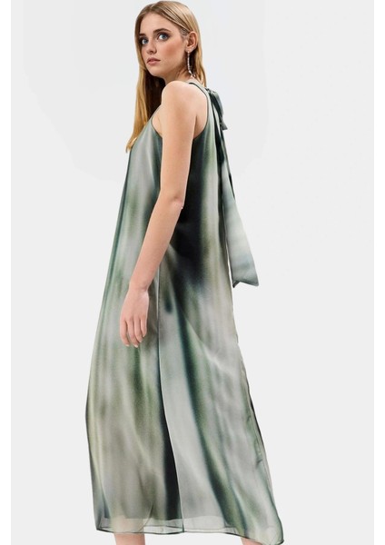 Polyester Şifon Maxi Elbise Dik Yaka Kolsuz Soyut Desen Boy Relaxed Fit Mükemmel Uyum