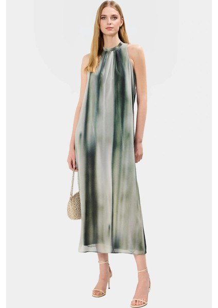 Polyester Şifon Maxi Elbise Dik Yaka Kolsuz Soyut Desen Boy Relaxed Fit Mükemmel Uyum fiyatları