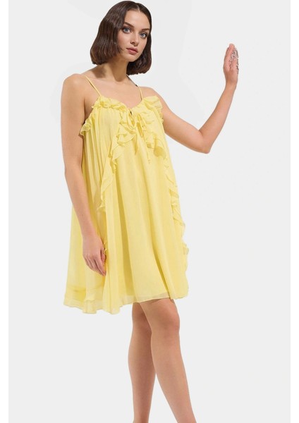 Kolsuz Mini Elbise Fırfırlı Polyester Dokuma Yazlık Düz Kesim Kaliteli Işçilik