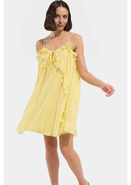 Kolsuz Mini Elbise Fırfırlı Polyester Dokuma Yazlık Düz Kesim Kaliteli Işçilik fiyatları