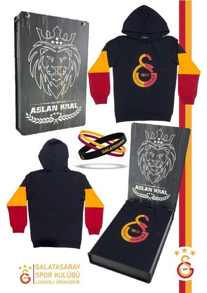 Orijinal Lisanslı Logo Siyah Kapüşonlu Çocuk Sweat Bileklik Set Hediyelik Ahşap Kutulu