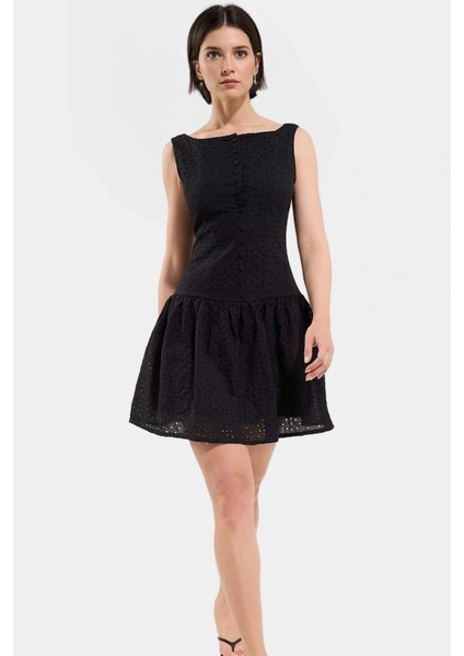 Dokuma Pamuklu Mini Elbise Astarlı Bel Detaylı 86CM Boy Kaliteli Işçilik Zarifane Tasarım