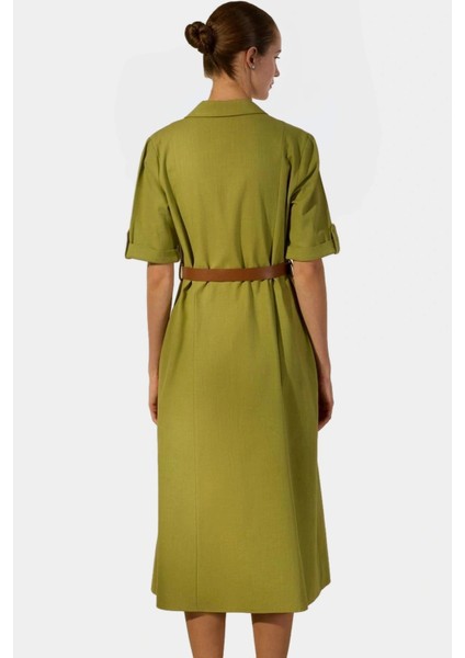 Rahat ve Şık Gömlek Elbise Pamuk Keten Karışımı Kemer Detaylı Midi Boy Kullanım