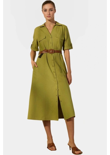 Rahat ve Şık Gömlek Elbise Pamuk Keten Karışımı Kemer Detaylı Midi Boy Kullanım fiyatları