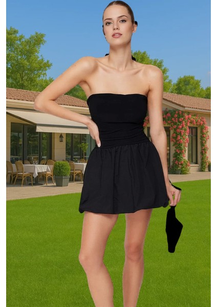 Straplez Mini Poplin Abiye Elbise Astarlı Belden Açılan Etek Profesyonel Görünüm Modern Stil