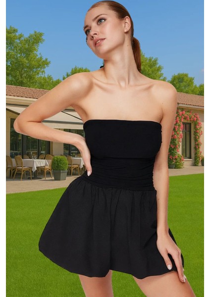 Straplez Mini Poplin Abiye Elbise Astarlı Belden Açılan Etek Profesyonel Görünüm Modern Stil fiyatları