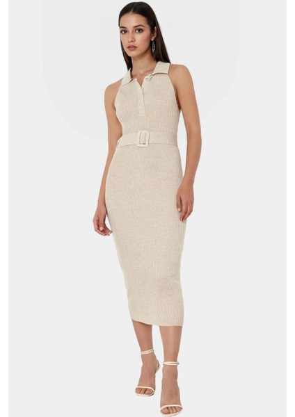 Kadın Triko Midi Elbise Kemerli Bodycon Slim Kalıp Günlük Kullanım Için