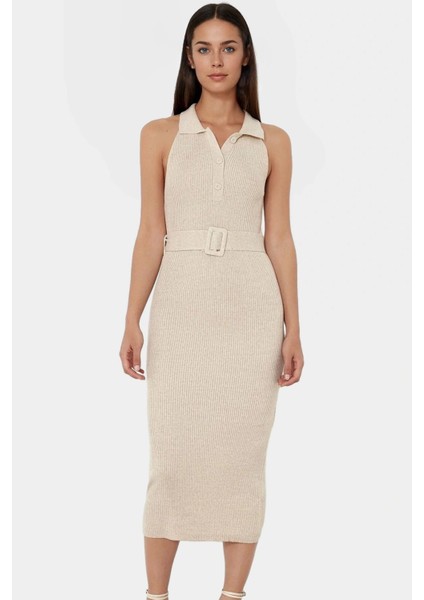 Kadın Triko Midi Elbise Kemerli Bodycon Slim Kalıp Günlük Kullanım Için fiyatları