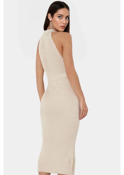 Kadın Triko Midi Elbise Kemerli Bodycon Slim Kalıp Günlük Kullanım Için modelleri