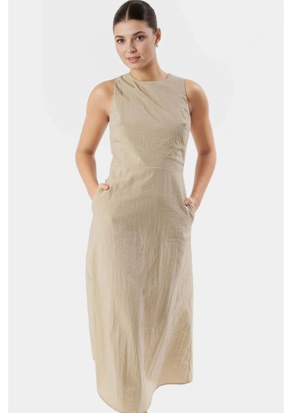 Polyester Dokuma Midi Elbise A Line Kesim Bisiklet Yaka Rahat Yazlık ve Şık