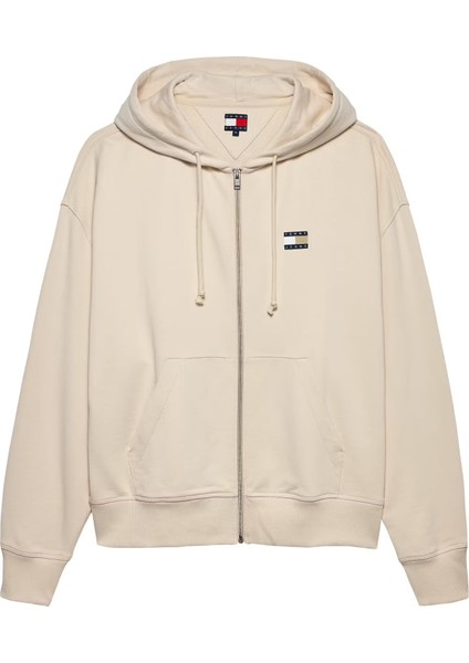 Erkek Cropped Fit Kapüşonlu Fermuarlı Sweatshirt - Krem