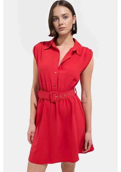 Dokuma Polyester Elbise A Kesim Kemer Detayı Mini Boy Şık Günlük Kaliteli Işçilik