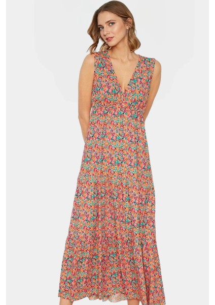 Çiçekli Desenli V Yaka Maxi Elbise Örme Polyester Yazlık Günlük Kullanım Için Rahat