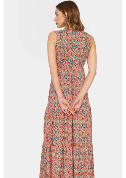 Çiçekli Desenli V Yaka Maxi Elbise Örme Polyester Yazlık Günlük Kullanım Için Rahat modelleri