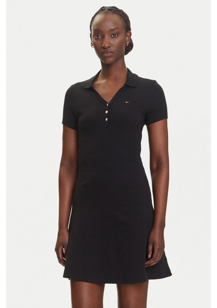 Kadın Polo Yaka Fit & Flare Kesim Fitilli Elbise - Siyah