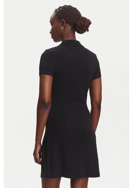 Kadın Polo Yaka Fit & Flare Kesim Fitilli Elbise - Siyah