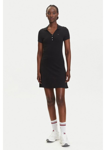 Kadın Polo Yaka Fit & Flare Kesim Fitilli Elbise - Siyah