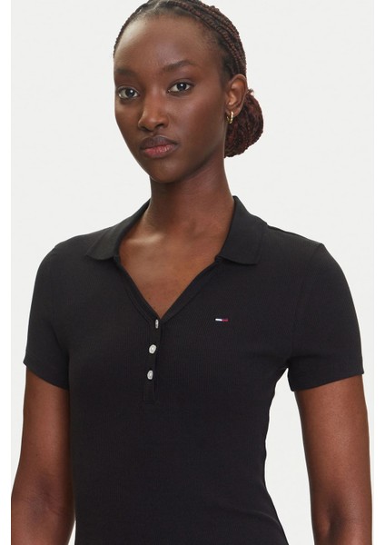 Kadın Polo Yaka Fit & Flare Kesim Fitilli Elbise - Siyah