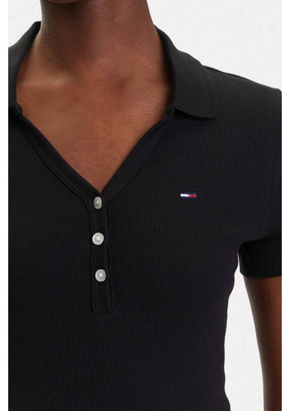 Kadın Polo Yaka Fit & Flare Kesim Fitilli Elbise - Siyah