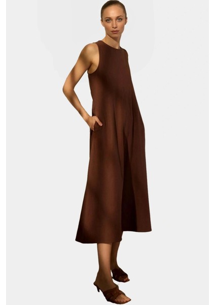 Pamuk Keten Midi Elbise Rahat Kesim Kolsuz Dokuma Kumaş Yazlık Premium Kalite fiyatları