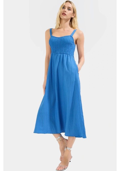 Dokuma Polyester Midi Elbise V Yaka Belden Skater Kalıp Gipeli Rahat Yüksek Kalite Şık Görünüm fiyatları