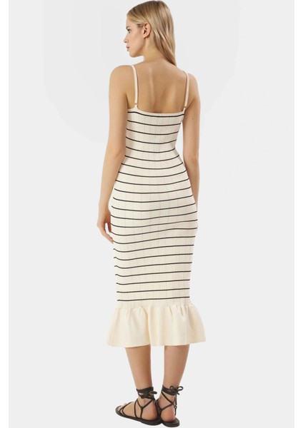 Polyester Triko Midi Elbise V Yaka Çizgili Desen Bodycon Yazlık Profesyonel Görünüm