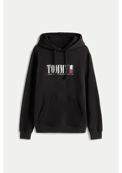 Erkek Regular Fit Kapüşonlu Grafik Logolu Sweatshirt - Siyah fırsatları
