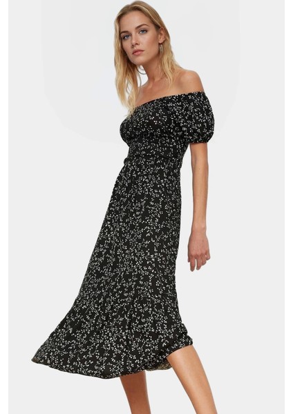 Çiçekli Örme Midi Elbise Kadın Yazlık Kısa Kollu Carmen Yaka Günlük Yüksek Kalite Modern Stil