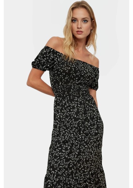 Çiçekli Örme Midi Elbise Kadın Yazlık Kısa Kollu Carmen Yaka Günlük Yüksek Kalite Modern Stil fiyatları