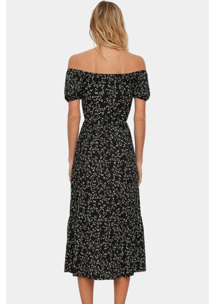 Çiçekli Örme Midi Elbise Kadın Yazlık Kısa Kollu Carmen Yaka Günlük Yüksek Kalite Modern Stil modelleri