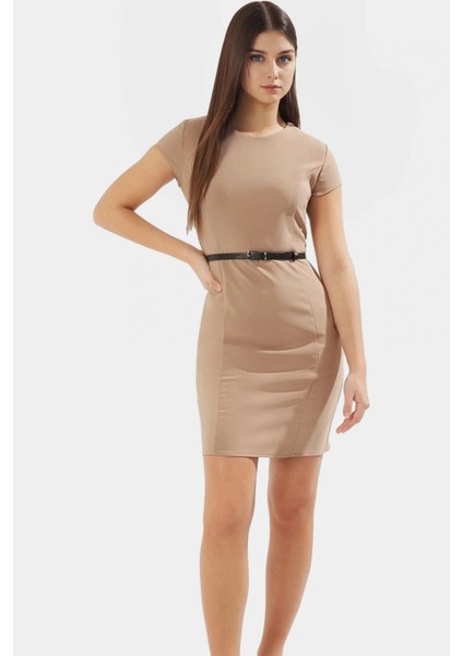 Polyester Elastan Dokuma Mini Elbise Kemerli ve Dik Yaka Mükemmel Uyum Şık Görünüm