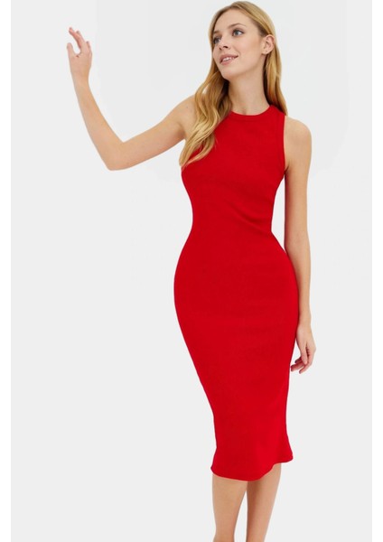 Kadın Midi Boy Örme Elbise 98 Pamuk 2 Elastan Rahat Yazlık Şık Görünüm Kullanım