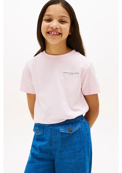 Unisex Çocuk Minimal Logo Baskılı T-Shirt – Pembe