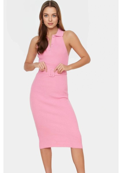 Kadın Triko Midi Elbise Kemerli Bodycon Slim Kalıp Günlük Kullanım Için