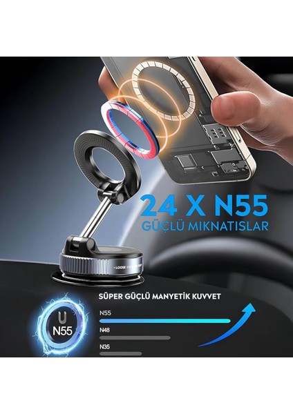 Araç Içi Telefon Tutucu 360 Dönebilen Vakumlu Manyetik Ayarlanabilir Magsafeli Telefon Standı