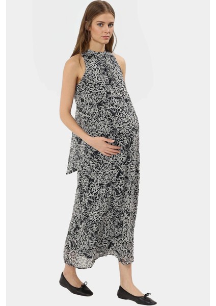 Polyester Şifon Maxi Elbise Dik Yaka Kolsuz Soyut Desen Boy Relaxed Fit Mükemmel Uyum