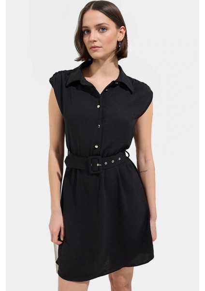 Dokuma Polyester Elbise A Kesim Kemer Detayı Mini Boy Şık Günlük Kaliteli Işçilik