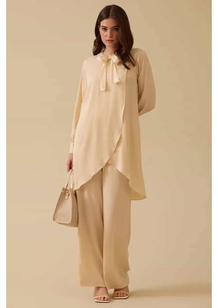 Kadın Elastik Bel Dökümlü Bol Paça Pantolon - Bej fiyatları